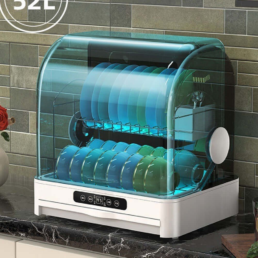 Electric countertop dish dryer with transparent cover and control panel, holding plates and utensils