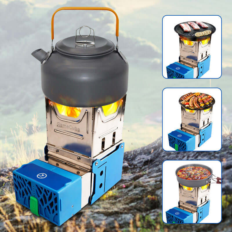 Portable camping stove with kettle, grilling meats, skewers, and cooking stew outdoors