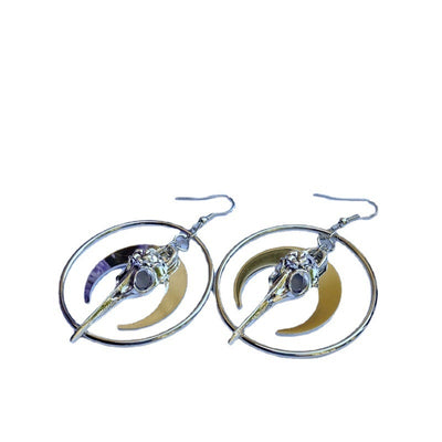 Crow Head Circle Pendant Earrings Halloween Themed