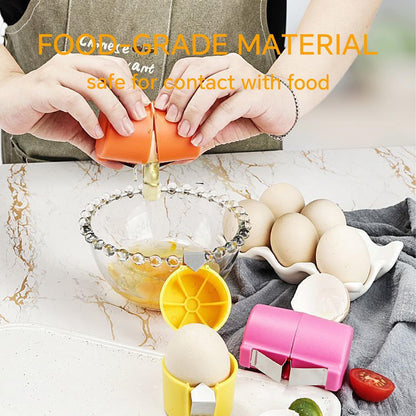 Egg cracker kitchen tool cracking eggs over a glass bowl on marble countertop with fresh eggs.