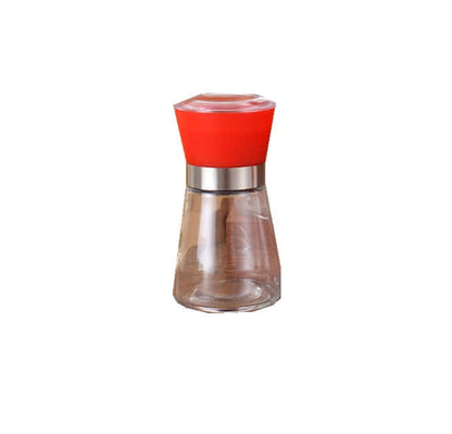 Glass spice grinder with red top and stainless steel accent for kitchen use