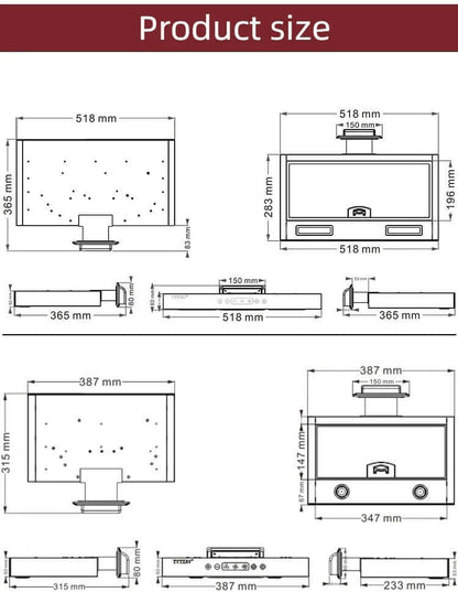 Technical diagram showing kitchen range hood product dimensions and specifications.