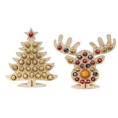 Wooden Christmas tree and reindeer advent calendars with numbered chocolate holders