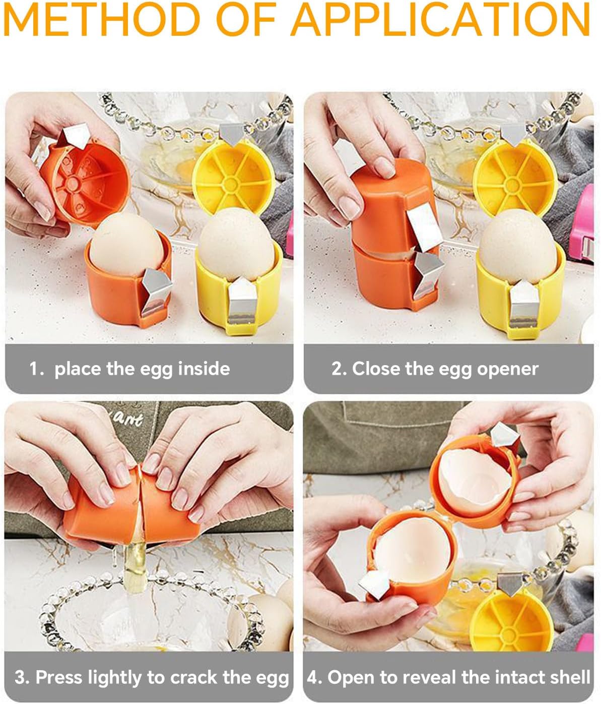 Step-by-step guide showing orange and yellow egg opener cracking an egg in a kitchen.