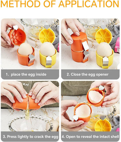 Step-by-step guide showing orange and yellow egg opener cracking an egg in a kitchen.