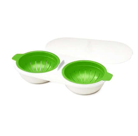 Double green and white microwave egg poacher with lid, kitchen utensil on white background