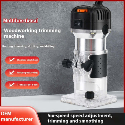 Multifunctional woodworking trimming machine with stainless steel chuck, transparent base, and six-speed adjustment, suitable for routing, trimming, and drilling.