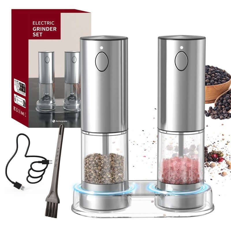 Electric grinder set for salt and pepper with stainless steel design, USB cable, and cleaning brush
