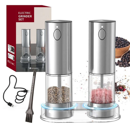 Electric grinder set for salt and pepper with stainless steel design, USB cable, and cleaning brush