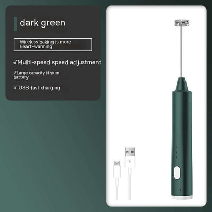 Dark green handheld electric milk frother with USB charging cable, multi-speed kitchen accessory.
