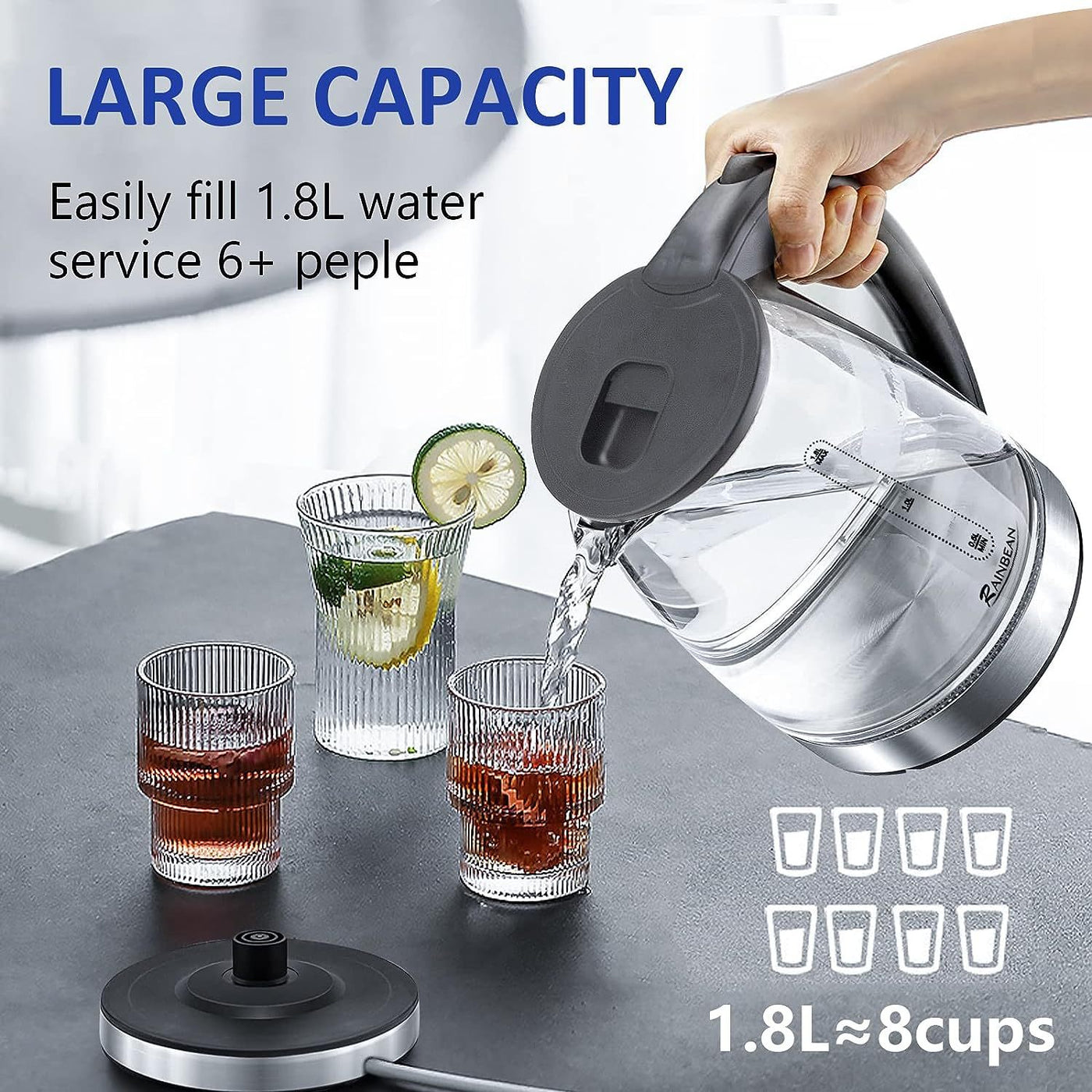 Electric Water Kettle - 1.8L With LED Light, Auto Shut-Off & Boil Dry Protection, Glass Black
