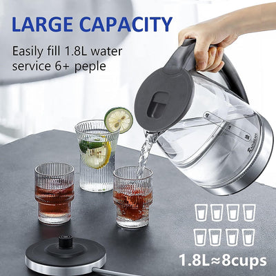 Electric Water Kettle - 1.8L With LED Light, Auto Shut-Off & Boil Dry Protection, Glass Black