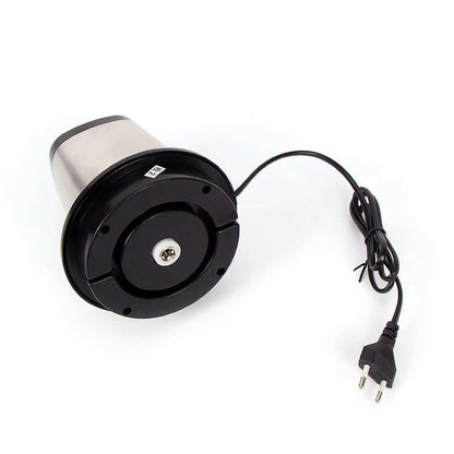 Electric kitchen appliance base with power cord and stainless steel body on white background