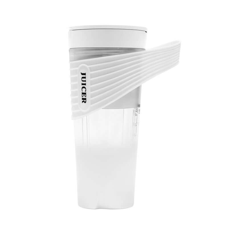 White manual juicer with clear container and ribbed handle, modern kitchen accessory