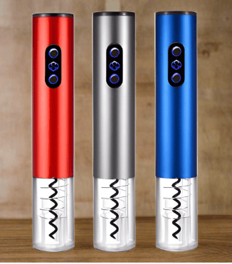 Electric wine bottle openers in red, silver, and blue with corkscrew and buttons