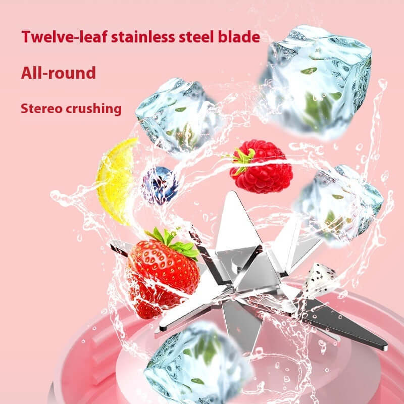 Twelve-leaf stainless steel blender blade with ice cubes, strawberries, and raspberries