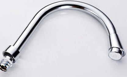 Chrome kitchen faucet spout replacement part, curved metal tube on white background