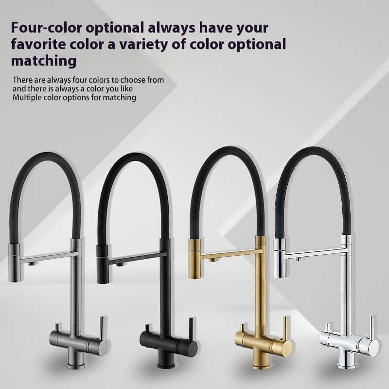 Modern kitchen faucet in four color options: silver, black, gold, and chrome finish.