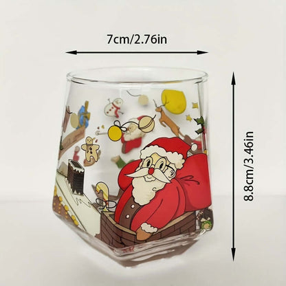 Christmas glass cup with Santa Claus and holiday graphics, 7cm wide, 8.8cm tall.