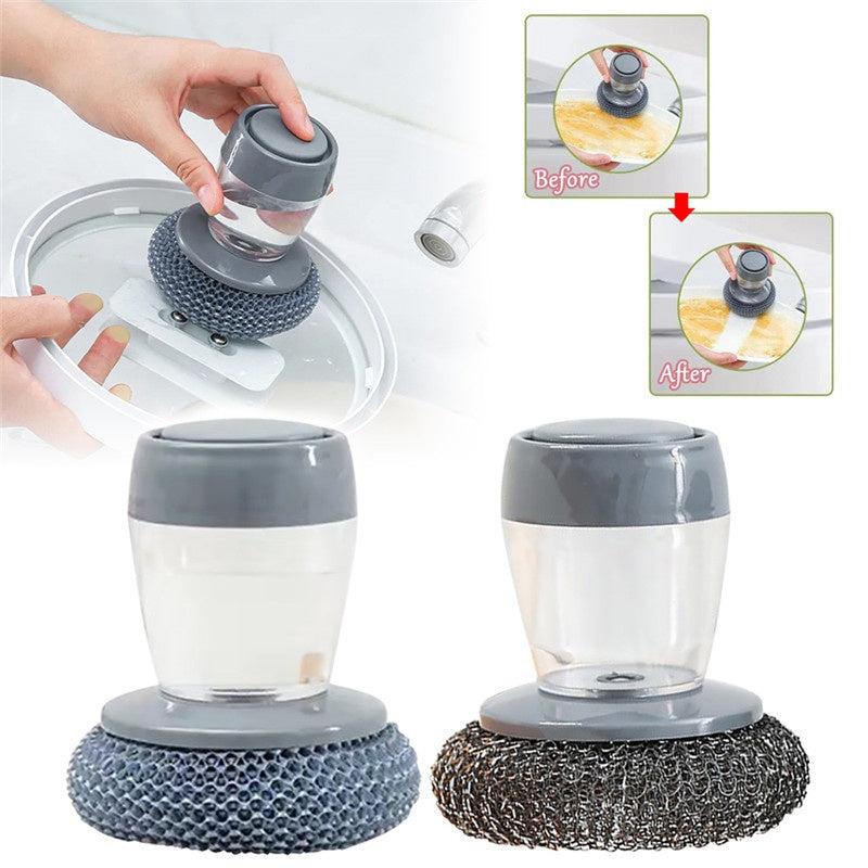 Soap dispensing kitchen scrubber cleaning a pot lid, before and after results shown.