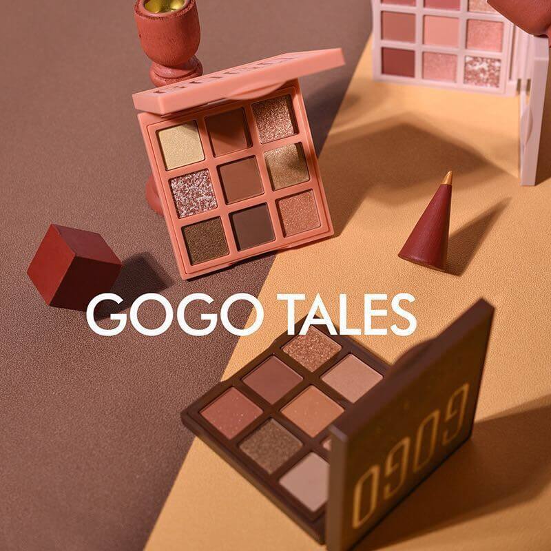 Eyeshadow palettes with neutral glitter and matte shades, GOGO TALES logo, on color background