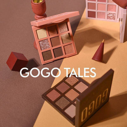Eyeshadow palettes with neutral glitter and matte shades, GOGO TALES logo, on color background