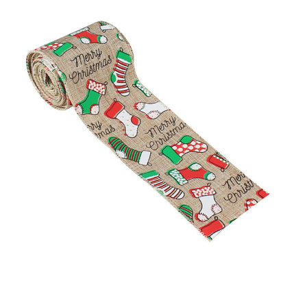 Christmas-themed burlap ribbon with stockings and Merry Christmas text, kitchen decor