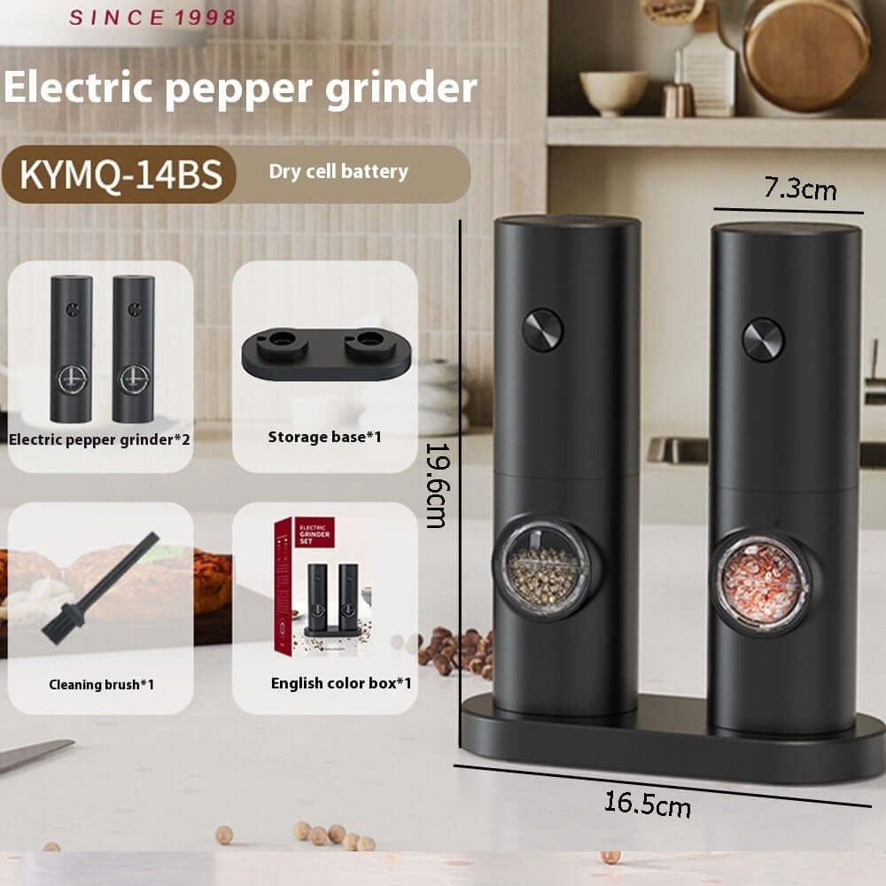 Electric pepper grinder set with storage base, cleaning brush, and packaging on kitchen counter