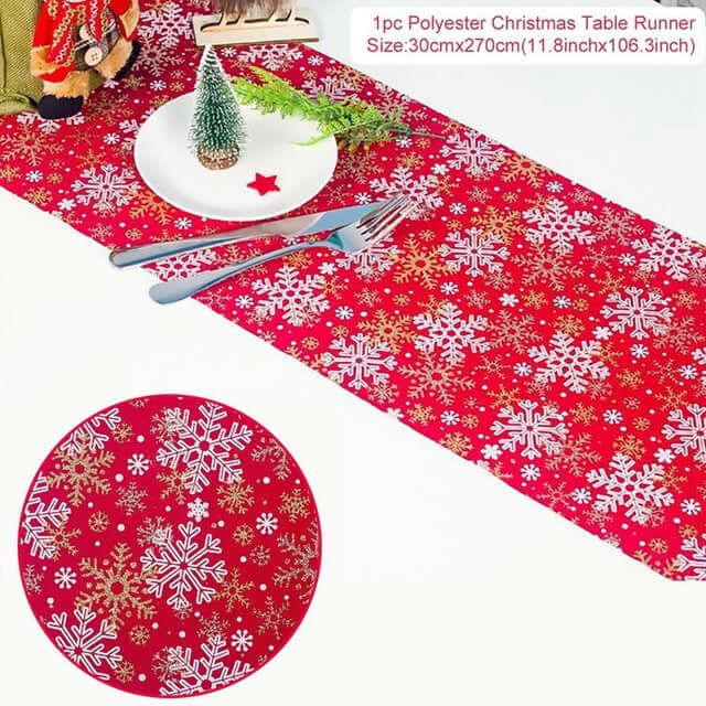 Red polyester Christmas table runner with white and gold snowflake pattern, festive table decor.