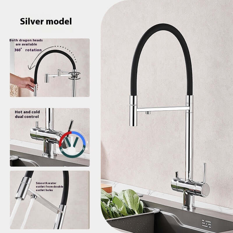 Modern silver kitchen faucet with black hose, 360-degree rotation, dual hot and cold control, double outlet, installed on a kitchen sink.