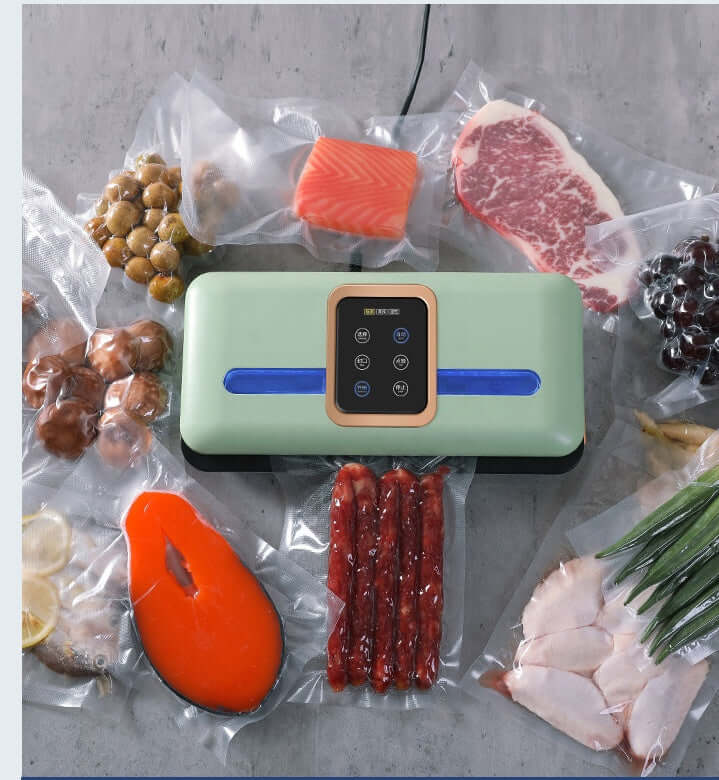 Vacuum sealer machine with assorted vacuum-sealed foods like meat, fish, and vegetables