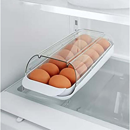 Egg storage container with clear lid holding eggs inside a refrigerator