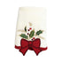 White kitchen towel with embroidered holly leaves, red berries, and a festive red bow