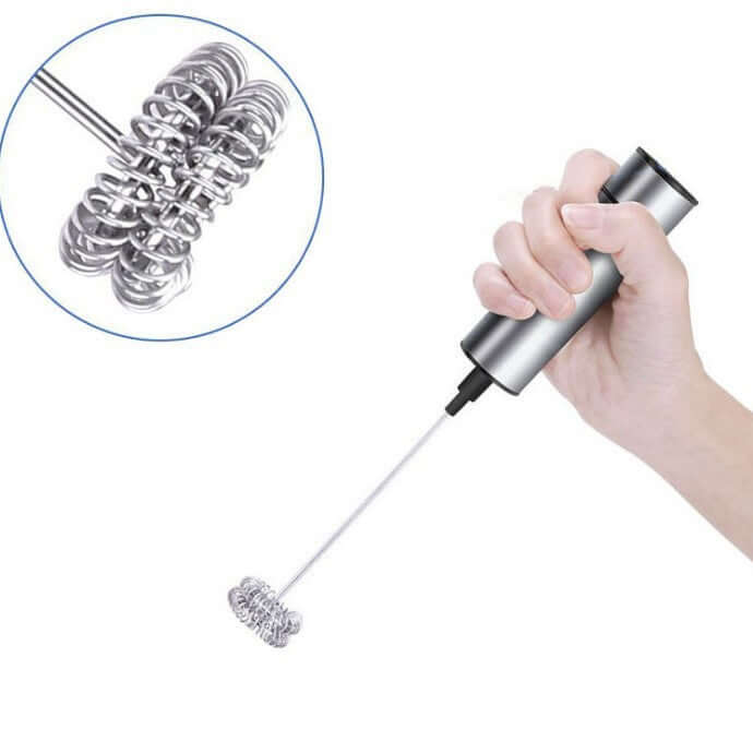 Handheld electric milk frother with stainless steel whisk, kitchen utensil for coffee