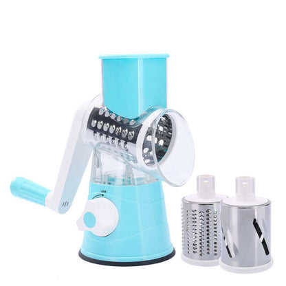 Manual rotary cheese grater with blue base and three interchangeable stainless steel drums