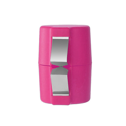 Pink compact kitchen knife sharpener with stainless steel blades on white background
