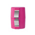 Pink compact kitchen knife sharpener with stainless steel blades on white background