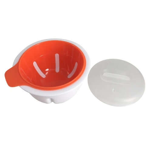 Orange and white microwave egg poacher with a transparent plastic lid