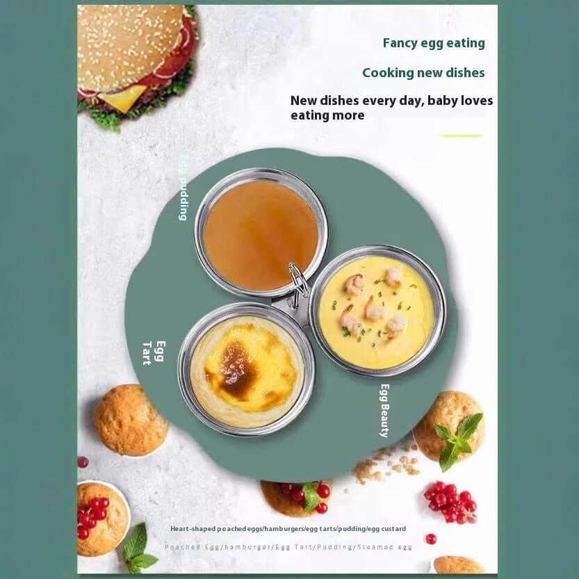 Three glass jars with egg tart, pudding, and savory egg dishes on a plate, kitchen accessories