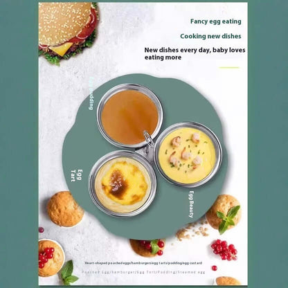 Three glass jars with egg tart, pudding, and savory egg dishes on a plate, kitchen accessories