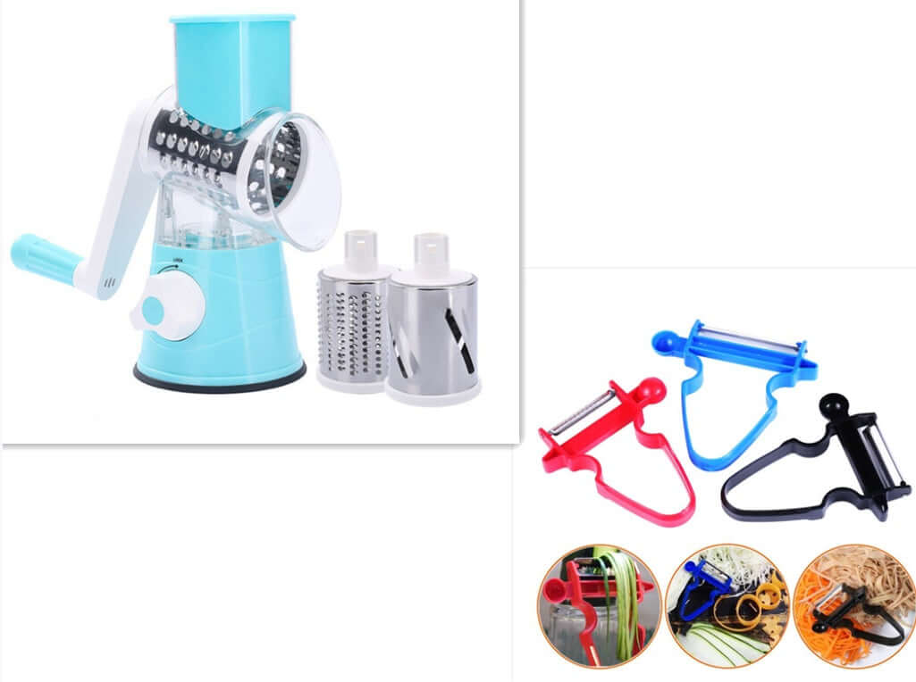 Rotary vegetable grater with interchangeable blades and colorful vegetable peelers for kitchen