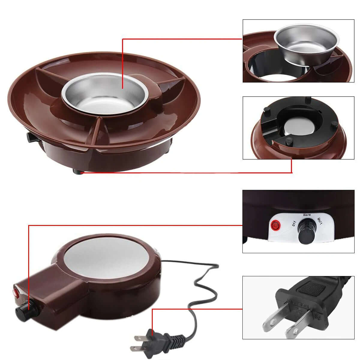 Electric chocolate fountain fondue set with control knob and divided tray, brown and silver design.