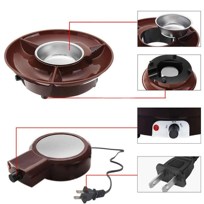 Electric chocolate fountain fondue set with control knob and divided tray, brown and silver design.