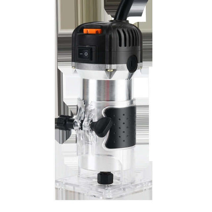 Electric handheld wood router tool with ergonomic grip and transparent base for woodworking.