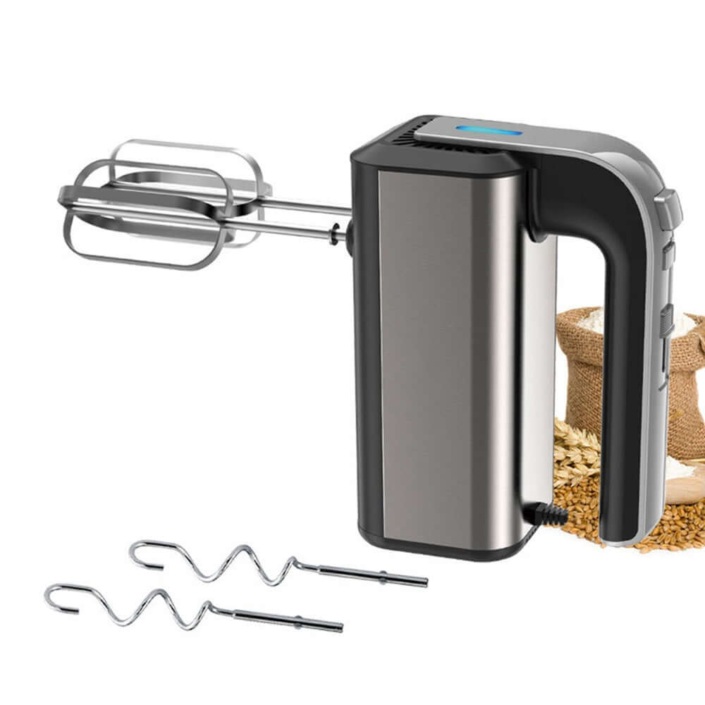 Electric hand mixer with stainless steel beaters and dough hooks on a white background