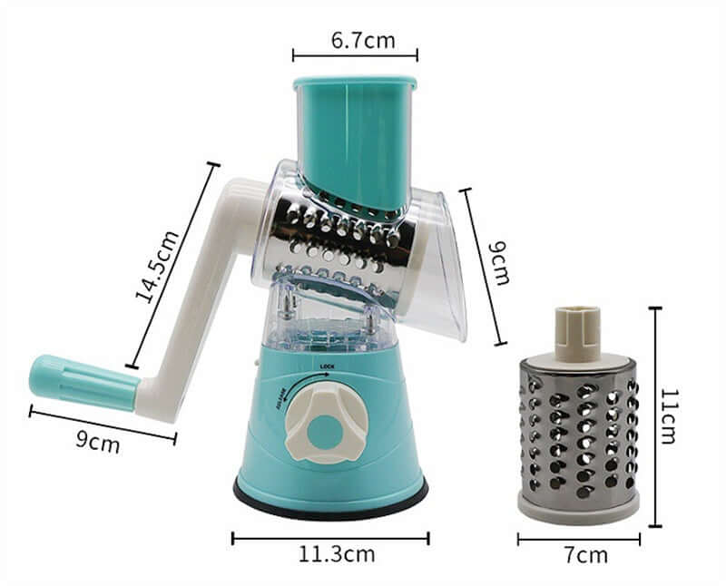Manual rotary cheese grater with interchangeable drum blades and dimensions labeled