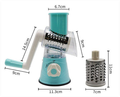 Manual rotary cheese grater with interchangeable drum blades and dimensions labeled