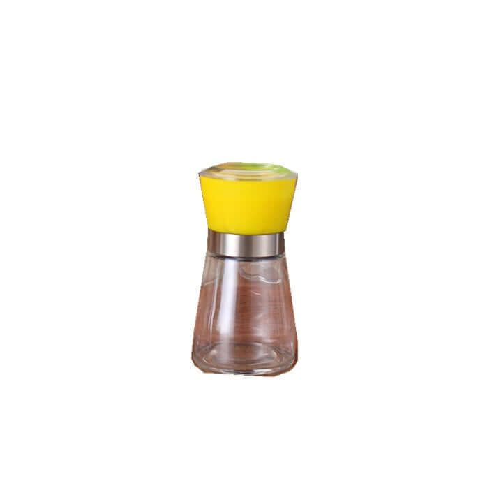 Glass spice jar with yellow lid and stainless steel band for kitchen storage
