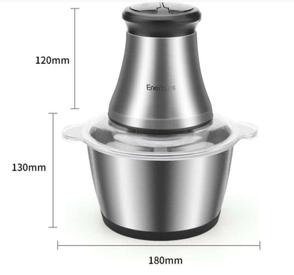 Stainless steel electric food chopper with lid, dimensions labeled, kitchen appliance