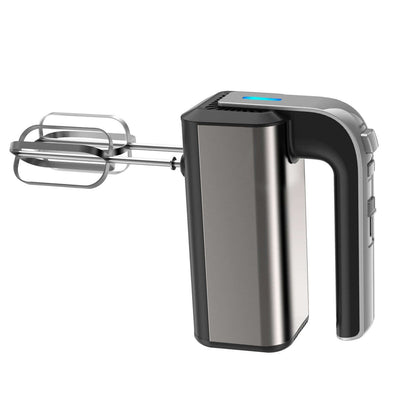 Stainless steel electric hand mixer with ergonomic handle and dual beaters, kitchen appliance